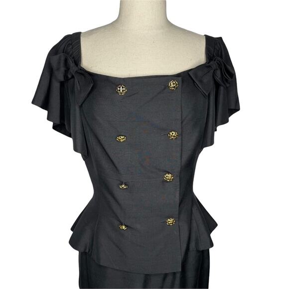 Nipon Boutique 2 Piece Silk Set Blouse and Skirt Peplum Ruffle Bow VTG Black 4 - Picture 2 of 13